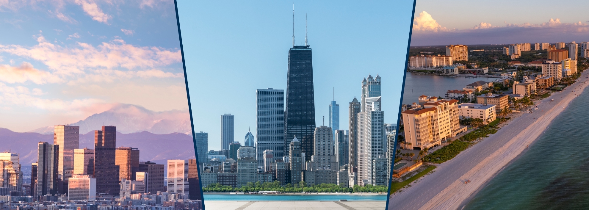 Left image; Chicago skyline; Middle Image; Naples skyline; Right Image; Denver skyline 